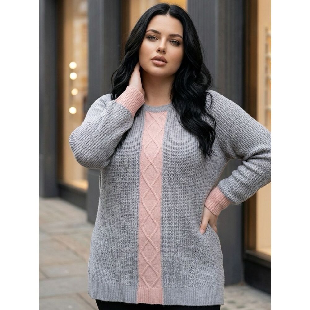 NWT Avenue Plus Size Long Sleeve Gray/Pink Lurex Pull Over Sweater Size 18/20